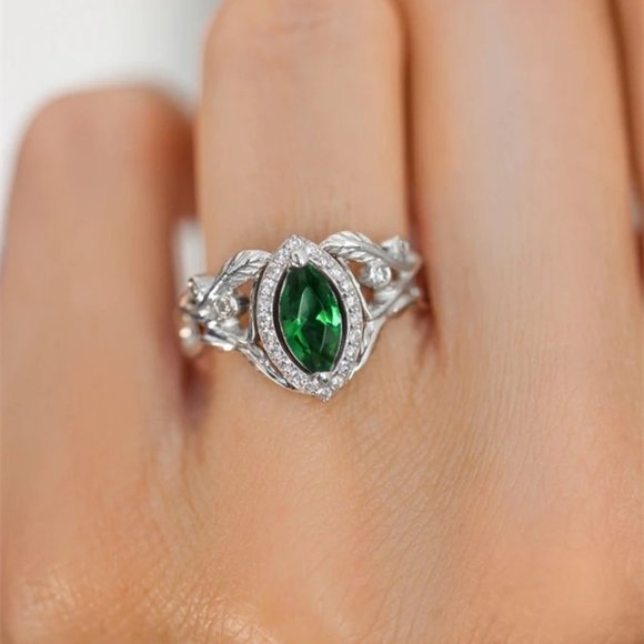 ❤Emerald Marquis Gem Leaf Weave Silver Noble Rings for Women, MARR9098 - Picture 8 of 8